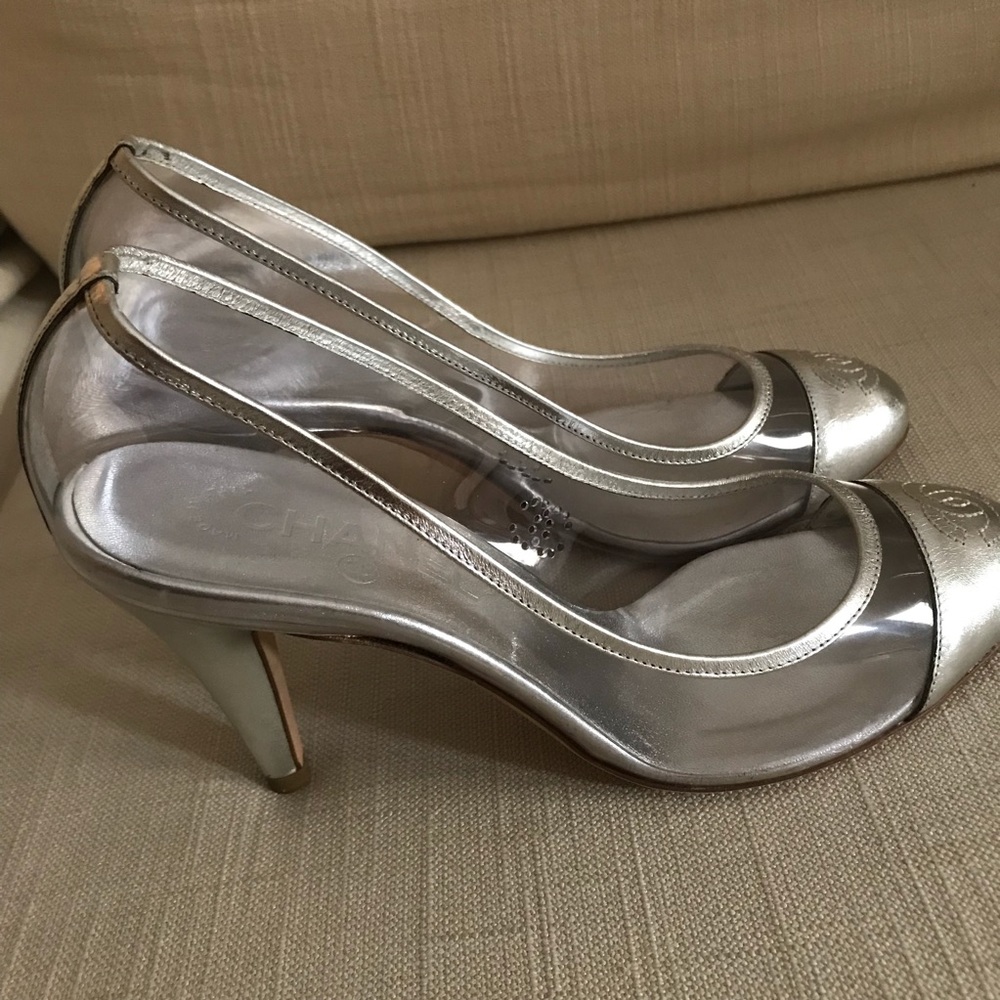 Chanel silver leather/clear Cinderella Slippers